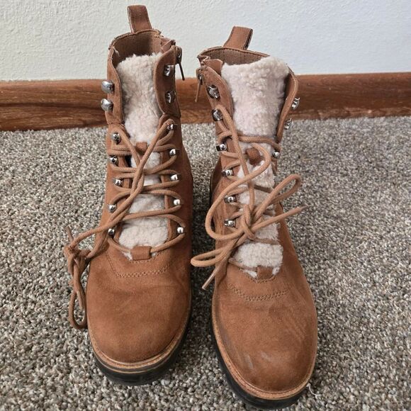 Women's Nine West Suede Faux Fur Sherpa Ankle Length Lace Up Boots 7 - Picture 2 of 8